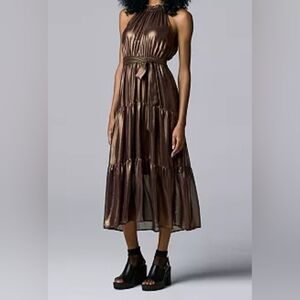 NWT Vera Wang Halter Tiered Metallic Brown Holiday Cocktail Party Dress Small